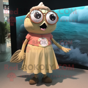 Beige Tuna mascot costume character dressed with A-Line Dress and Eyeglasses