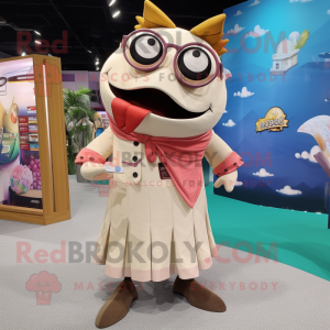Beige Tuna mascot costume character dressed with A-Line Dress and Eyeglasses