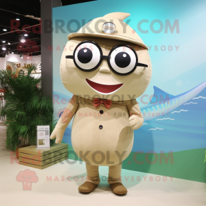 Beige Tuna mascot costume character dressed with A-Line Dress and Eyeglasses