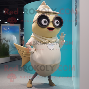 Beige Tuna mascot costume character dressed with A-Line Dress and Eyeglasses