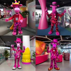 Magenta Giraffe mascot costume character dressed with Flare Jeans and Berets