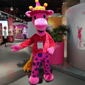 Magenta Giraffe mascot costume character dressed with Flare Jeans and Berets