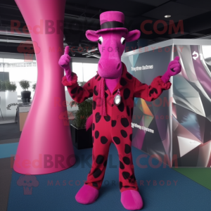 Magenta Giraffe mascot costume character dressed with Flare Jeans and Berets