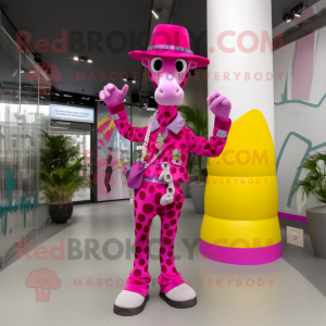 Magenta Giraffe mascot costume character dressed with Flare Jeans and Berets
