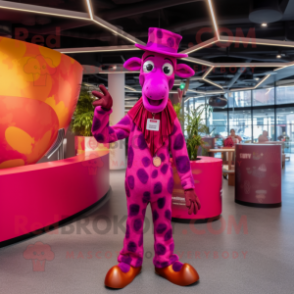 Magenta Giraffe mascot costume character dressed with Flare Jeans and Berets