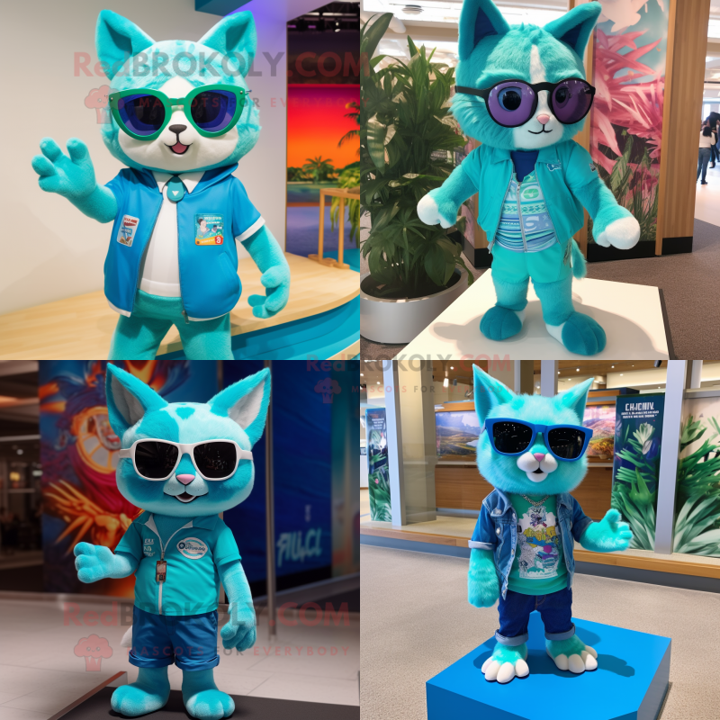 Turquoise Cat mascot costume character dressed with Bermuda Shorts and Sunglasses