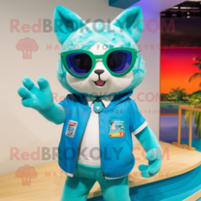 Turquoise Cat mascot costume character dressed with Bermuda Shorts and Sunglasses