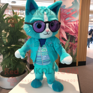 Turquoise Cat mascot costume character dressed with Bermuda Shorts and Sunglasses