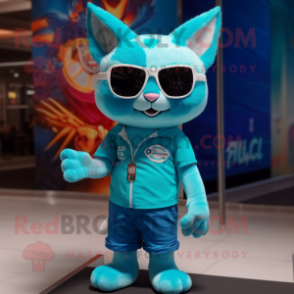 Turquoise Cat mascot costume character dressed with Bermuda Shorts and Sunglasses