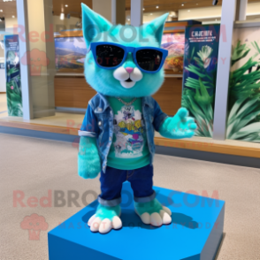 Turquoise Cat mascot costume character dressed with Bermuda Shorts and Sunglasses