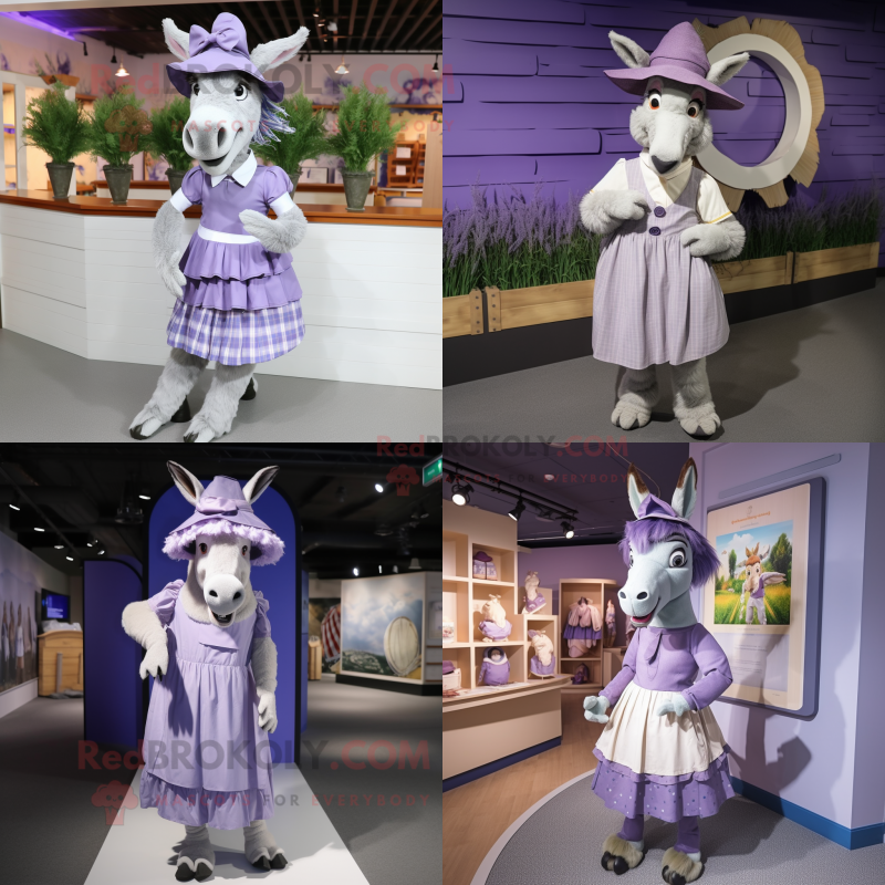 Lavender Donkey mascot costume character dressed with Pleated Skirt and Caps