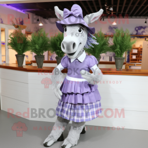 Lavender Donkey mascot costume character dressed with Pleated Skirt and Caps