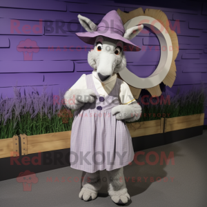 Lavender Donkey mascot costume character dressed with Pleated Skirt and Caps