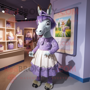 Lavender Donkey mascot costume character dressed with Pleated Skirt and Caps