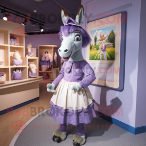 Lavender Donkey mascot costume character dressed with Pleated Skirt and Caps