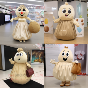 Beige Potato mascot costume character dressed with Ball Gown and Tote bags