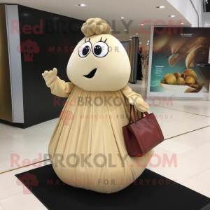 Beige Potato mascot costume character dressed with Ball Gown and Tote bags