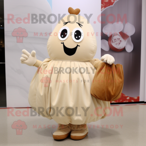 Beige Potato mascot costume character dressed with Ball Gown and Tote bags