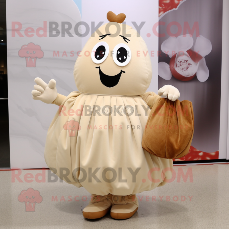 Beige Potato mascot costume character dressed with Ball Gown and Tote bags
