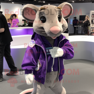 Purple Rat mascot costume character dressed with Moto Jacket and Shawl pins