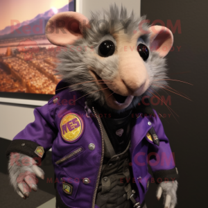 Purple Rat mascot costume character dressed with Moto Jacket and Shawl pins