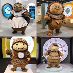 Brown Glyptodon mascot costume character dressed with Pleated Skirt and Digital watches