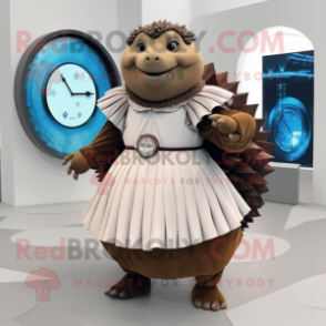 Brown Glyptodon mascot costume character dressed with Pleated Skirt and Digital watches