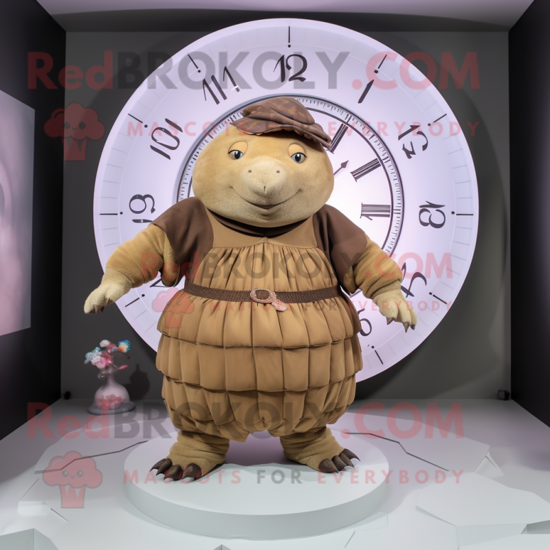 Brown Glyptodon mascot costume character dressed with Pleated Skirt and Digital watches