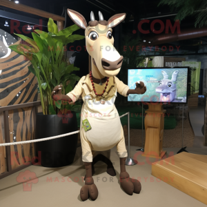 Cream Okapi mascot costume character dressed with Waistcoat and Shoe laces