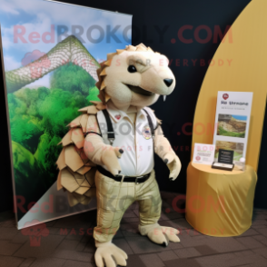 Cream Pangolin mascot costume character dressed with T-Shirt and Pocket squares