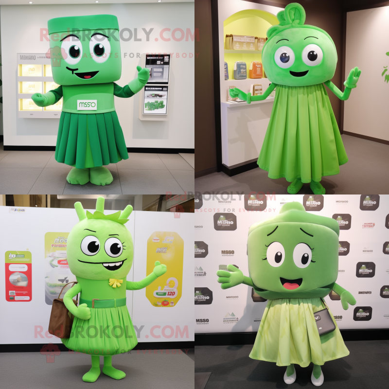 Green Miso Soup mascot costume character dressed with Midi Dress and Clutch bags Green Miso Soup mascot costume character dressed with Midi Dress and Clutch bags