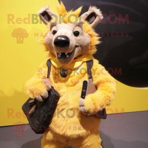 Yellow Hyena mascot costume character dressed with Waistcoat and Messenger bags