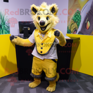 Yellow Hyena mascot costume character dressed with Waistcoat and Messenger bags