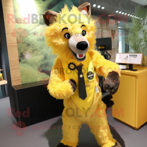 Yellow Hyena mascot costume character dressed with Waistcoat and Messenger bags