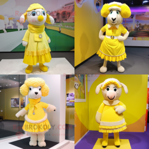 Lemon Yellow Sheep mascot costume character dressed with Mini Skirt and Scarf clips