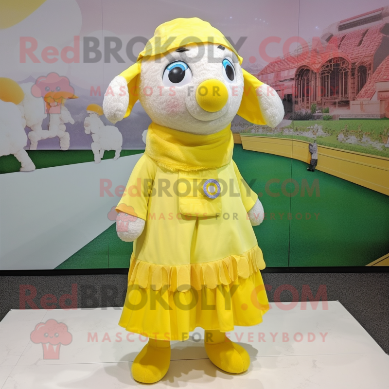 Lemon Yellow Sheep mascot costume character dressed with Mini Skirt and Scarf clips