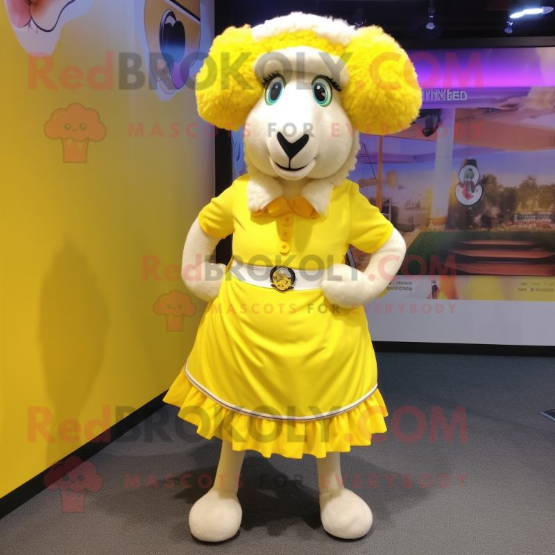 Lemon Yellow Sheep mascot costume character dressed with Mini Skirt and Scarf clips