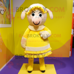 Lemon Yellow Sheep mascot costume character dressed with Mini Skirt and Scarf clips