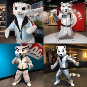 Silver Weasel mascot costume character dressed with Jacket and Belts