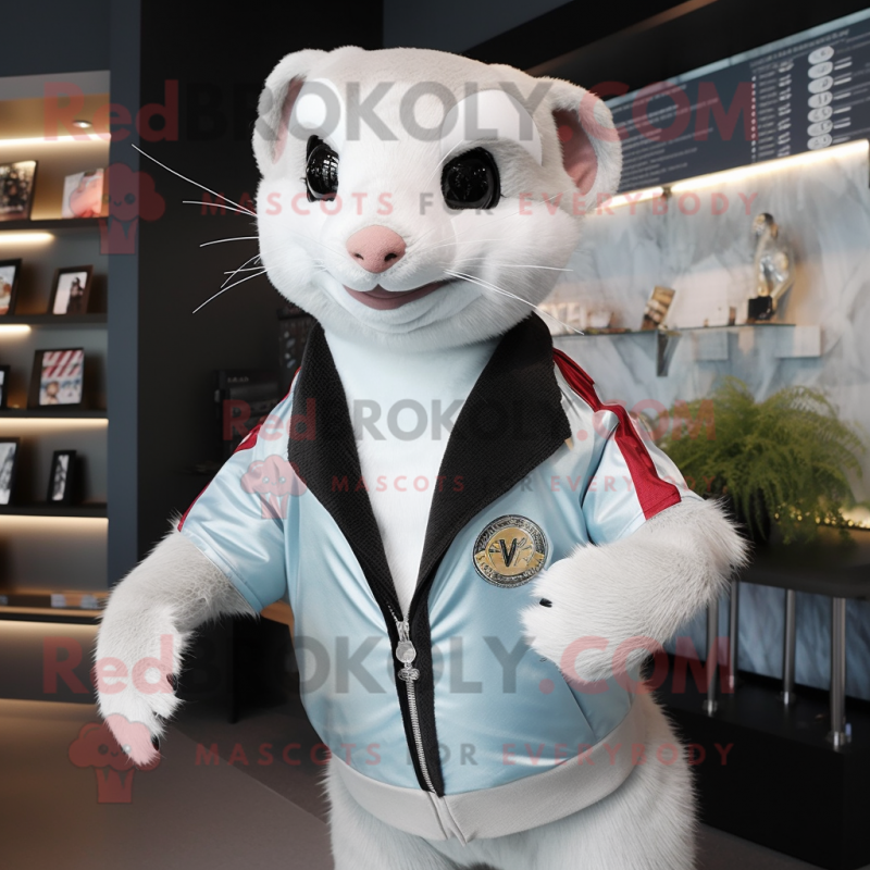 Silver Weasel mascot costume character dressed with Jacket and Belts Silver Weasel mascot costume character dressed with Jacket and Belts