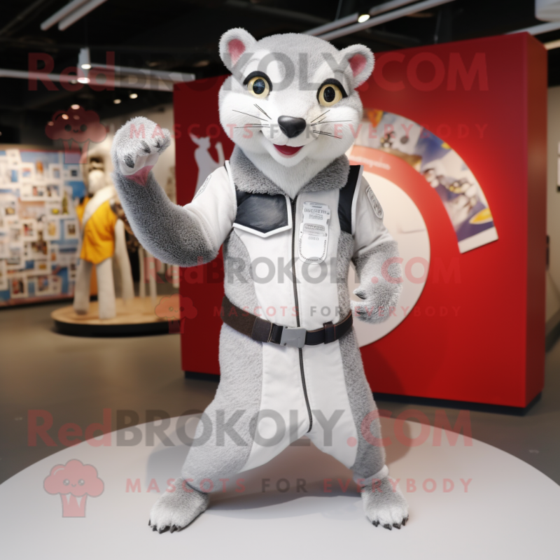 Silver Weasel mascot costume character dressed with Jacket and Belts