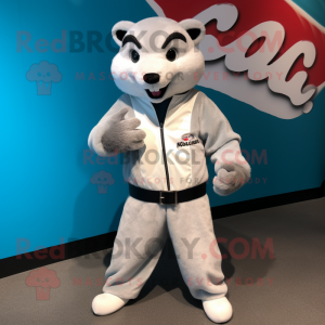 Silver Weasel mascot costume character dressed with Jacket and Belts