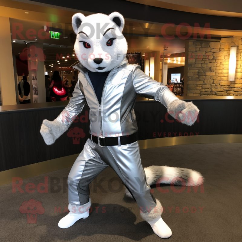 Silver Weasel mascot costume character dressed with Jacket and Belts