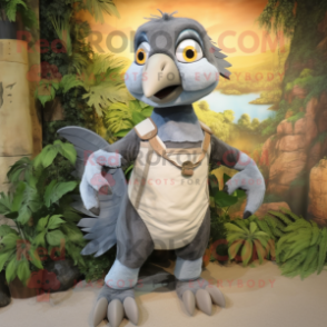 Gray Archeopteryx mascot costume character dressed with Dungarees and Wraps