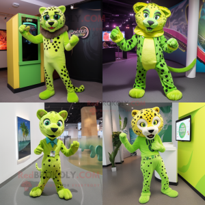 Lime Green Cheetah mascot costume character dressed with Jeans and Cufflinks