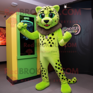 Lime Green Cheetah mascot costume character dressed with Jeans and Cufflinks