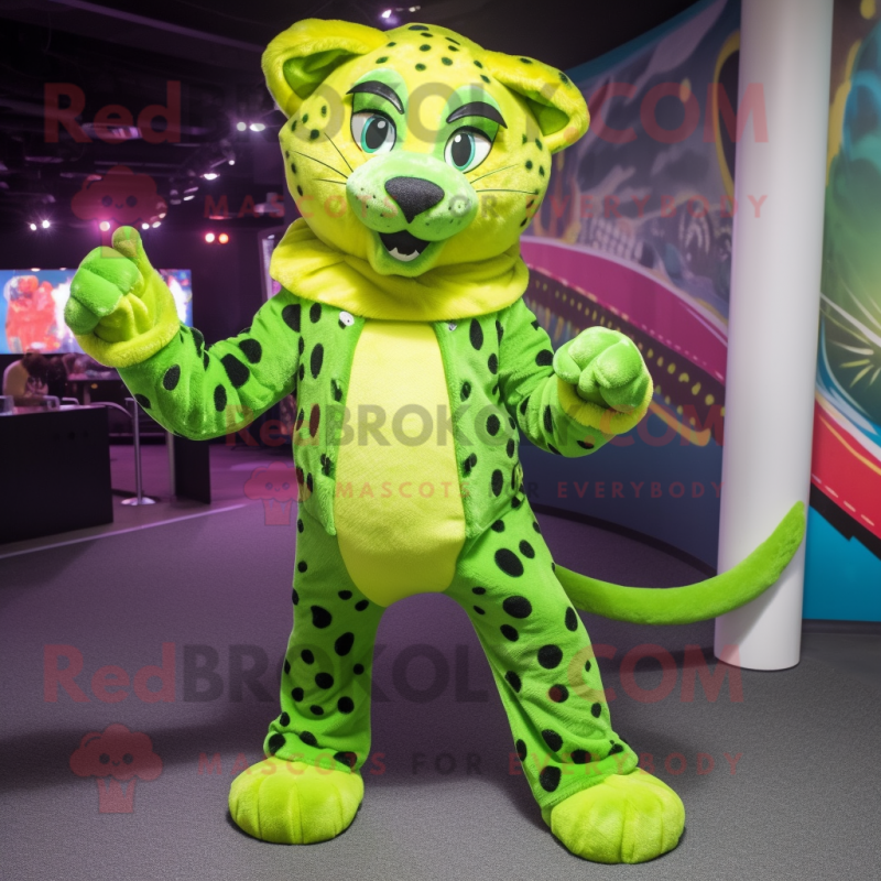 Lime Green Cheetah mascot costume character dressed with Jeans and Cufflinks