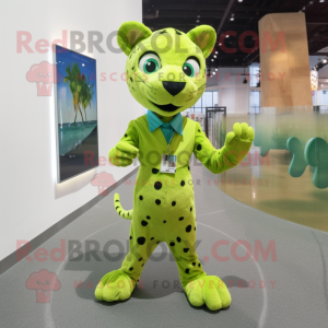 Lime Green Cheetah mascot costume character dressed with Jeans and Cufflinks