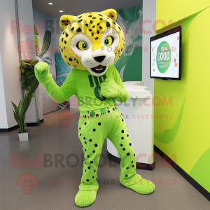 Lime Green Cheetah mascot costume character dressed with Jeans and Cufflinks