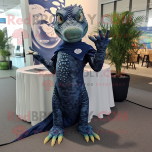 Navy Lizard mascot costume character dressed with Maxi Dress and Foot pads